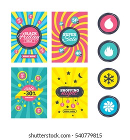 Sale website banner templates. HVAC icons. Heating, ventilating and air conditioning symbols. Water supply. Climate control technology signs. Ads promotional material. Vector