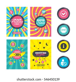 Sale website banner templates. Information icons. Stop prohibition and user blacklist signs. Approved check mark symbol. Ads promotional material. Vector