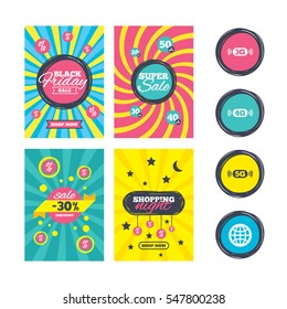 Sale website banner templates. Mobile telecommunications icons. 3G, 4G and 5G technology symbols. World globe sign. Ads promotional material. Vector