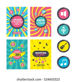 Sale website banner templates. Musical elements icons. Microphone and Sound speaker symbols. Music note and acoustic guitar signs. Ads promotional material. Vector
