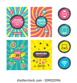 Sale website banner templates. Notebook and smartphone icons. Smart watch symbol. Wi-fi sign. Wireless Network symbol. Mobile devices. Ads promotional material. Vector