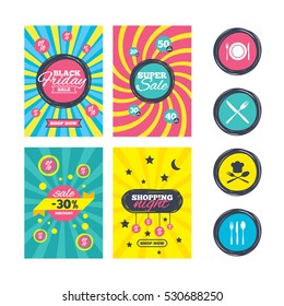 Sale website banner templates. Plate dish with forks and knifes icons. Chief hat sign. Crosswise cutlery symbol. Dining etiquette. Ads promotional material. Vector