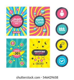 Sale website banner templates. Queue icon. Person waiting sign. Check or Tick and time clock symbols. Ads promotional material. Vector