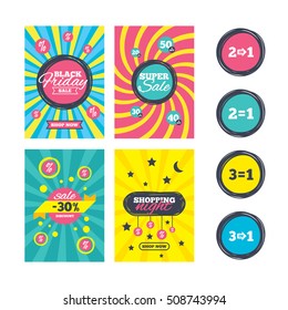 Sale website banner templates. Special offer icons. Take two pay for one sign symbols. Profit at saving. Ads promotional material. Vector