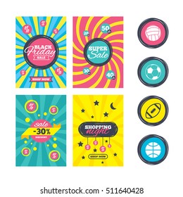 Sale website banner templates. Sport balls icons. Volleyball, Basketball, Soccer and American football signs. Team sport games. Ads promotional material. Vector