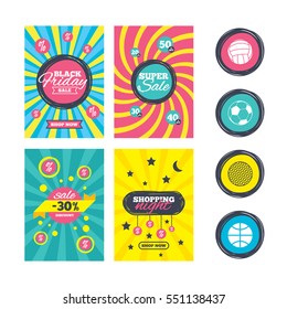 Sale website banner templates. Sport balls icons. Volleyball, Basketball, Soccer and Golf signs. Team sport games. Ads promotional material. Vector