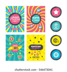 Sale website banner templates. Star favorite and globe with mouse cursor icons. Checklist and cogwheel gear sign symbols. Ads promotional material. Vector