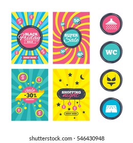 Sale website banner templates. Swimming pool icons. Shower water drops and swimwear symbols. WC Toilet sign. Trunks and women underwear. Ads promotional material. Vector