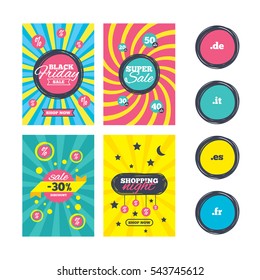 Sale website banner templates. Top-level internet domain icons. De, It, Es and Fr symbols. Unique national DNS names. Ads promotional material. Vector