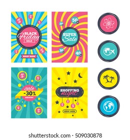 Sale website banner templates. Travel trip icon. Airplane, world globe symbols. Palm tree sign. Travel round the world. Ads promotional material. Vector
