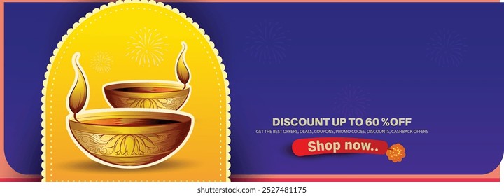 Verkauf Website Banner, Design mit realistischen Öllampe, indische Dame mit abstraktem Hintergrund für Diwali Festival 