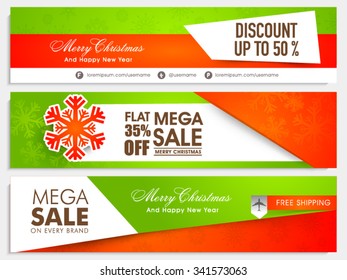 Sale website header or banner set with different discount offer for Merry Christmas and Happy New Year celebration.