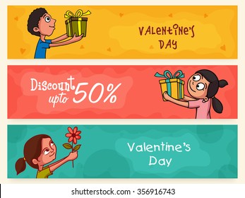 Sale website header or banner set with 50% discount offer for Happy Valentine's Day celebration.