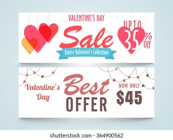 Sale website header or banner set with different discount offer for Happy Valentine's Day celebration.