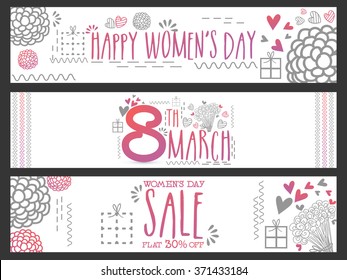 Sale website header or banner set with flat discount offer for 8th March, Happy Women's Day celebration.