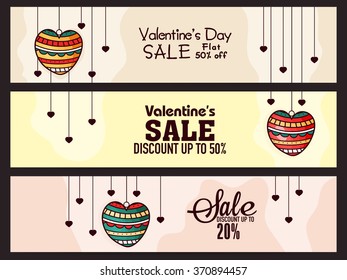 Sale website headers or banners set with best discount offers for Happy Valentine's Day celebration.