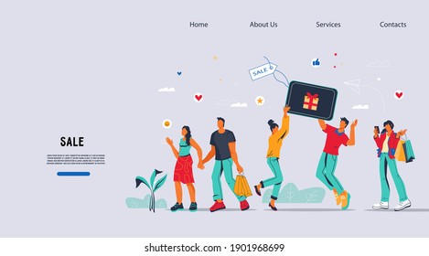 Plantilla de interfaz de sitio web de venta con caracteres de compradores felices, ilustración vectorial plana. Página web de publicidad para eventos de venta y promoción de certificados de regalo.