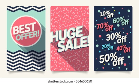 Sale website mobile banner template set. Modern and 80's, 90's style bright colorful vector for social media, posters, email, print, ads, promotional material. Huge sale and best offer set.