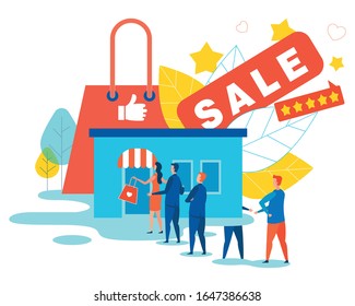 Venta en Webstore y Caricatura de metáfora de cola de clientes larga. Edificio de tiendas, Feliz Hombres y Mujeres, enorme bolsa de compras con el letrero "Like Thumbs up". Evaluación De Cinco Estrellas De Calificación. Ilustración plana vectorial