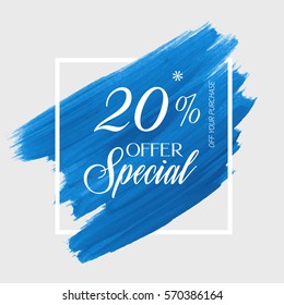Sale weekend 20% off sign over art brush acrylic stroke paint abstract texture background vector illustration. Perfect watercolor design for a shop and sale banners.