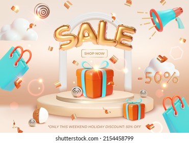 Sale Weekend Holiday Discount Ads Banner Concept Poster Card with Podium Scene Plasticine Cartoon Style. Vector illustration