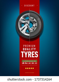 Sale of wheels and tires for cars and racing cars. Quality vector. Advertising brochure. Promotion. Tire car advertisement poster. Information. Store. Action. Landscape poster. Digital banner. Flyer.