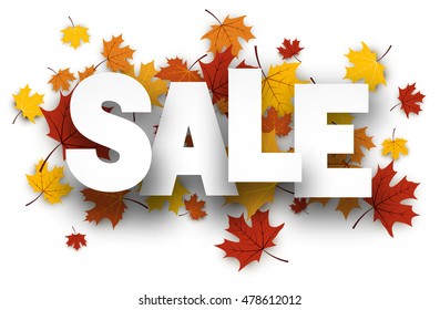 Sale white background with golden maple leaves. Vector paper illustration.
