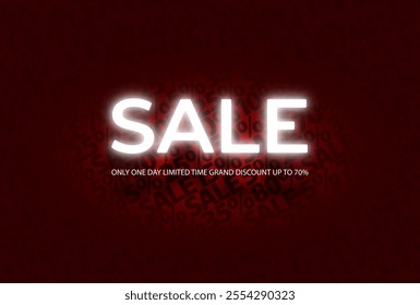 Sale white glow neon letters on red sale vector pattern background. Only one day limited time grand discount up to 70 percent. Simple text geometric graphic print. Marketing Sale advertising poster