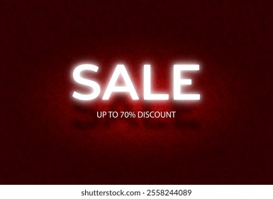 Sale white glow neon letters on red sale vector pattern background. Up to 70 percent discount. Simple text geometric graphic print. Marketing Valentines Day Sale advertising poster