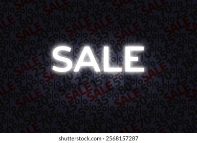 Sale white glow neon letters on darb blue sale vector pattern background. Simple text geometric graphic print, red sale letters. Marketing Sale advertising poster