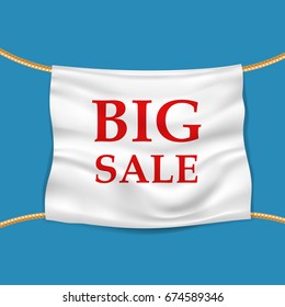 Sale white realistic banner. Flag or other element on blue background.