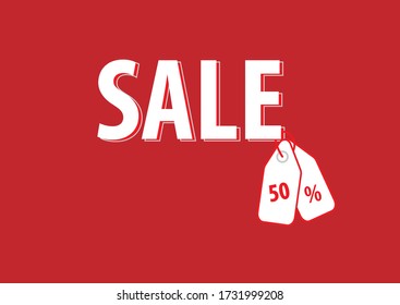 Sale white text vector design copy space,blank and red background.Special offer price 50 percent discount for customer on summer or special occasion time.