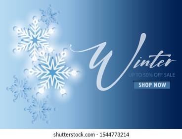 Sale Winter up to 50% off sale shop now banner background. Light Neon Snowflakes. Christmas New year snow. Blue and white background. Vector illustration.