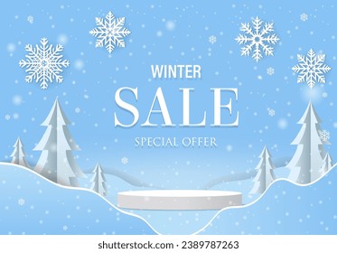 Sale Winter Background And Origami Christmas Tree With Gradient Mesh, Vector Illustration