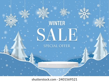 Sale Winter Background And Origami Christmas Tree With Gradient Mesh, Vector Illustration