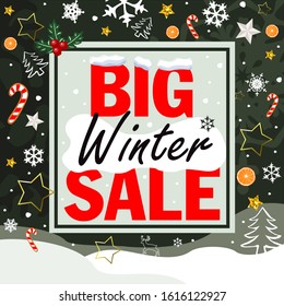 Sale winter banner 2021. Vector illustration. Banner winter sale design with snowflakes, candycane, stars, orange. Backdrop, background, wallpaper for promotion, event, business and advertising. 