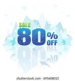 sale winter. banner and label. Price reduction. discount 80%. billboards. on white background. vector. illustration. iceberg. snow. snow flake.  Penguin. Dolphin. Killer whale