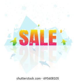 sale winter. banner and label. Price reduction. discount. billboards. on white background. vector. illustration. iceberg. snow. snow flake.  Penguin. Dolphin. Killer whale