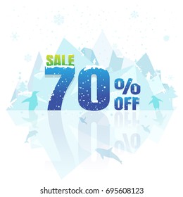 sale winter. banner and label. Price reduction. discount 70%. billboards. on white background. vector. illustration. iceberg. snow. snow flake.  Penguin. Dolphin. Killer whale