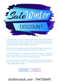 Sale winter discount inscription on blue ribbon on abstract brush strokes backdrop vector illustration internet page design with place for text