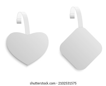 Sale wobbler mockup. Isolated price tag for advertising. Rectangle shelf dangler template. Discount information sticker. Plastic promotion information blank, heart shape pricing banner