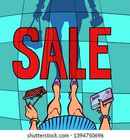 Sale woman with Bank card. shadow floor silhouette. Comic cartoon pop art retro drawing illustration