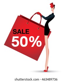 sale and woman shopping, vector illustration of fashion, percentage