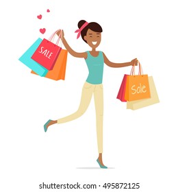Sale in woman's clothing store. Smiling lady dancing with shopping paper bags in hands flat vector illustration on white background. Black friday. For seasonal sales and discounts, promotions design