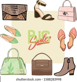 sale of women's clothing and shoes vector Illustration and lettering