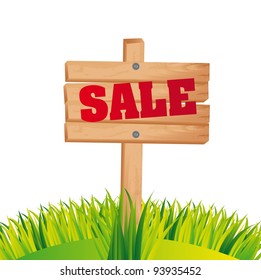 sale wooden sign with grass . vector illustration