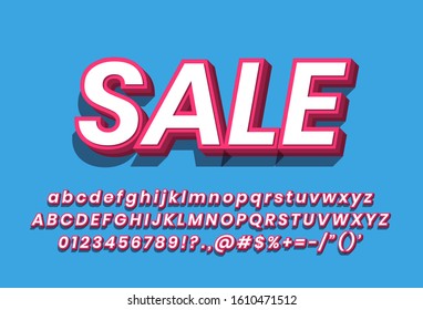 Sale word and alphabet with 3d extrude on blue background, retro sign with pop typography style, fancy 3d font and vintage typeface.