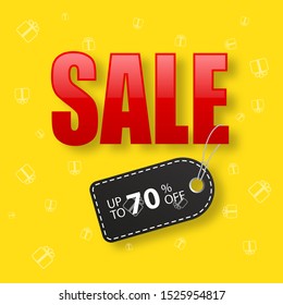 Sale word with black discount tag on yellow background. Vector illustration. Sale promotion template