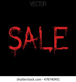 Sale word, brush script.  Hand drawn red letter with dry brush. Vector banner design. Black ink. Calligraphic. Grunge. Bloody inscription. Drop of blood. Halloween. EPS 8.