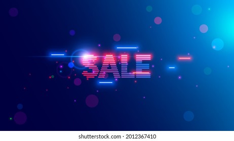 Sale word consist neon lighting letter on blue background in vintage computer tech style. Web banner of cyber monday or black friday sales in internet online shop. promotion discount sign of shopping.